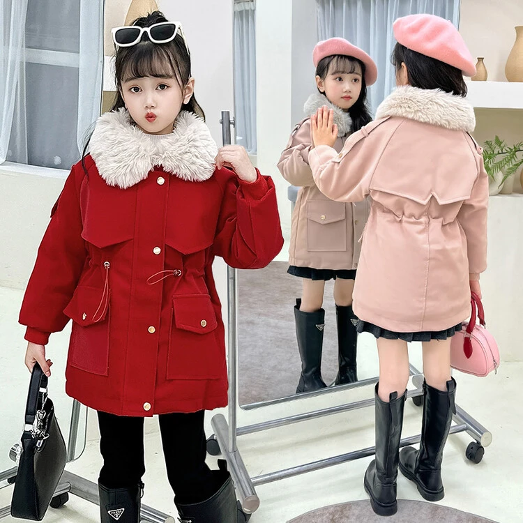 女童派克服2023新款冬装儿童洋气毛领皮衣中大童加绒加厚外套秋冬