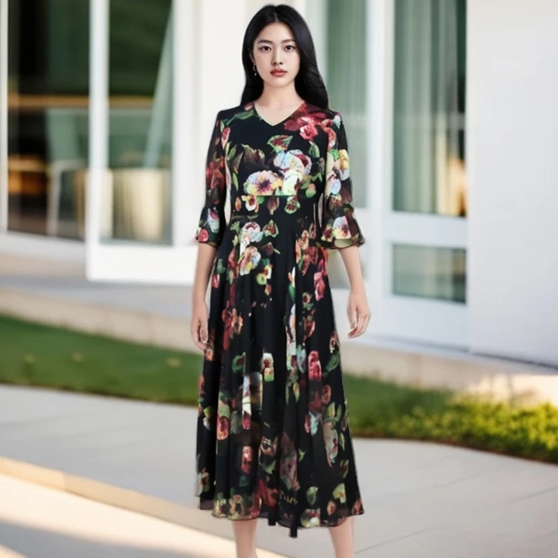 黑底花色长袖大摆雪纺连衣裙2025夏季新款修身显瘦过膝长款沙滩裙