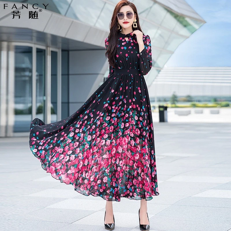 春季新款女长袖裙2025年小个子中长款气质修身显瘦花色雪纺连衣裙