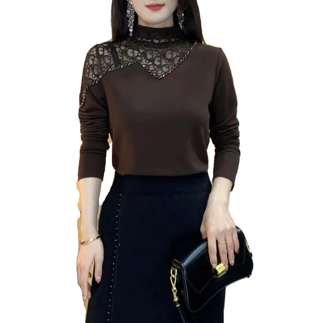 女装打底衫半高领不规则镂空烫钻X秋冬气质妈妈装加厚双面绒上衣