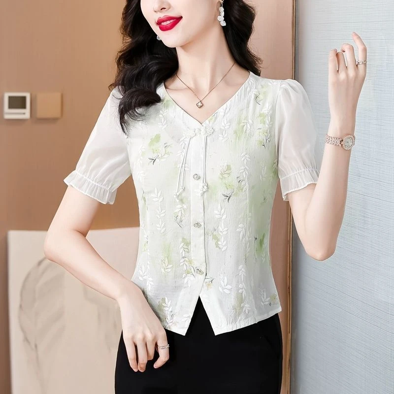 女士夏季新款娃娃领新中式国风刺绣盘扣短袖上衣洋气百搭打底衫女
