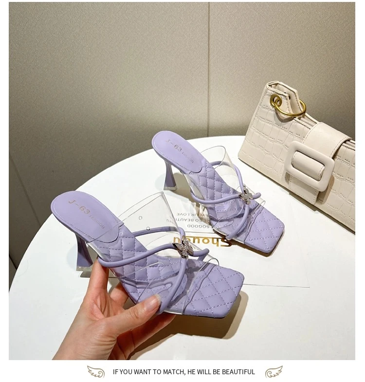 韩版透明凉拖鞋外穿2023夏季时尚新款水钻方头露趾细跟高跟凉鞋