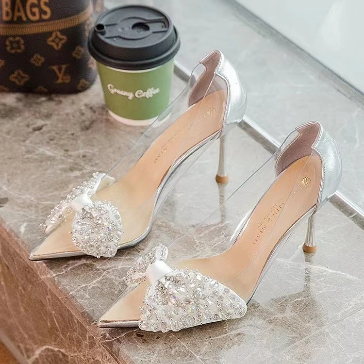 法式尖头水晶鞋水钻高跟鞋女新款时尚透明细跟蝴蝶结2218气质