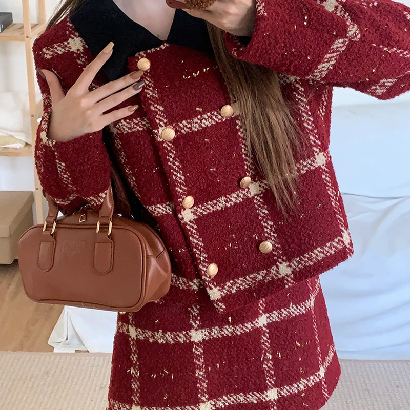 冬装新款胖mm大码高级感甜辣格子富家千金外套半身裙套装18321