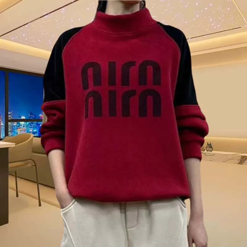 秋冬宽松长袖印花卫衣女2024秋冬时尚半高领休闲百搭气质拼接上衣