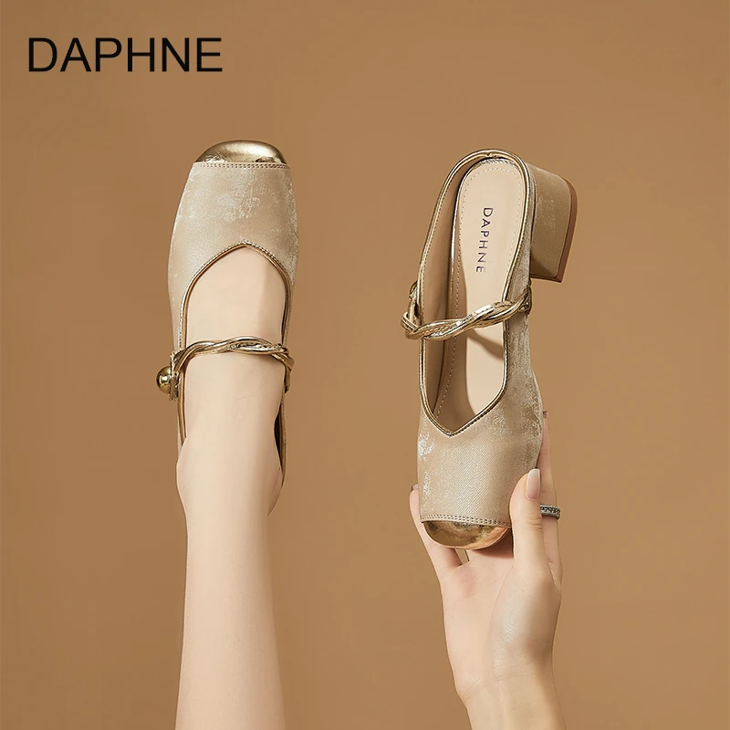 达芙妮女鞋2024新款秋季外穿包头拖鞋女粗跟配裙子牛皮玛丽珍鞋女