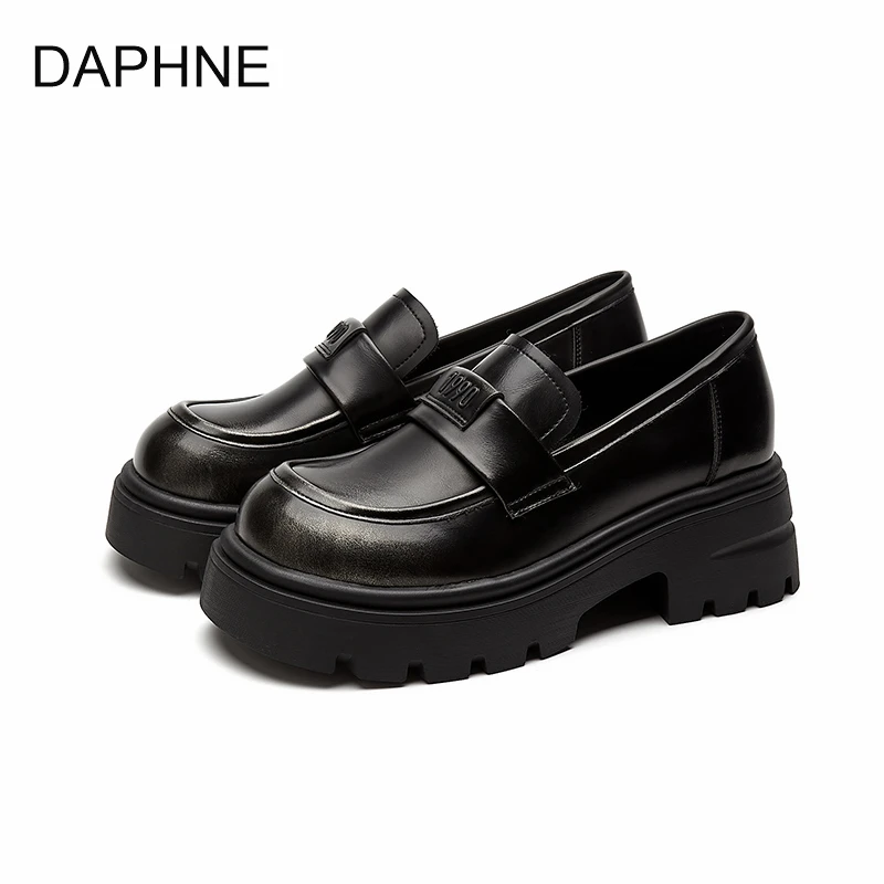 达芙妮黑色乐福鞋女2025春季新款小皮鞋圆头厚底增高百搭女鞋