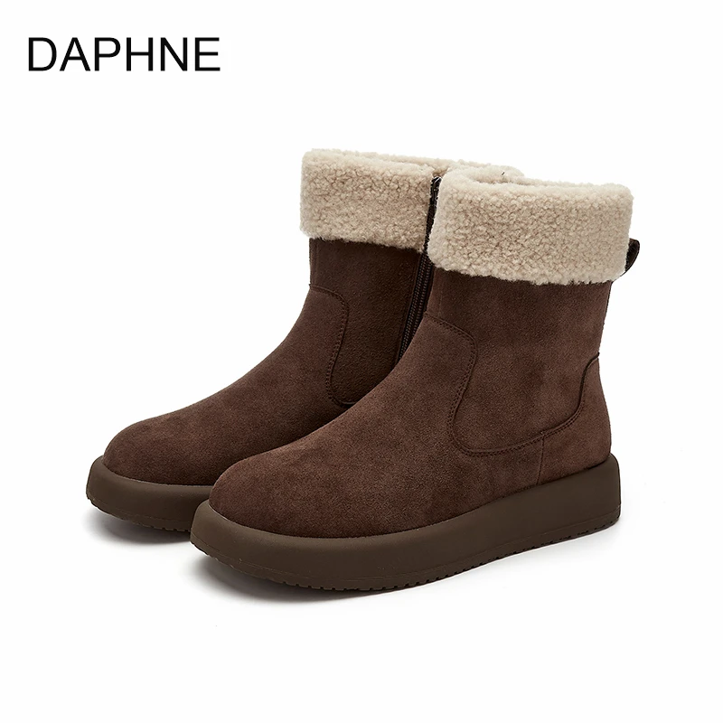 达芙妮秋冬雪地靴女2025冬季加绒棉鞋侧拉链百搭纯色高帮保暖女靴