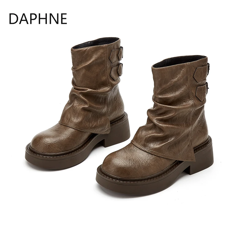 达芙妮加绒靴子秋季新款时尚复古百搭女鞋英伦风厚底粗跟时装靴