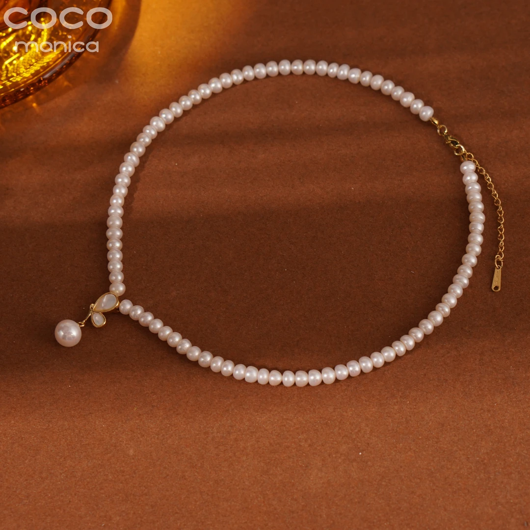 coco monica【小霞珠宝】小众感蝴蝶淡水坠链珍珠项链白色复古法