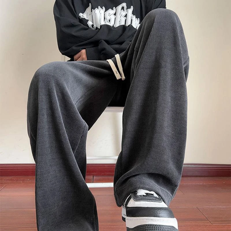 垂感美式灯芯绒直筒休闲裤拖地裤青少年爆款运动卫裤高端网红黑色