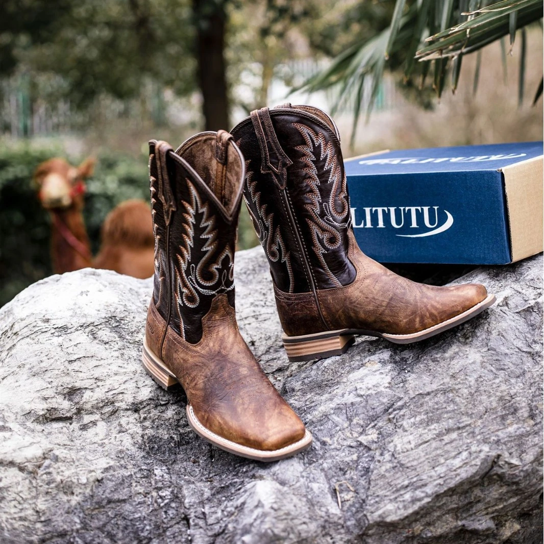 乌勒女士西部牛仔V口刺绣骑士马丁靴欧美风中筒复古马靴方头