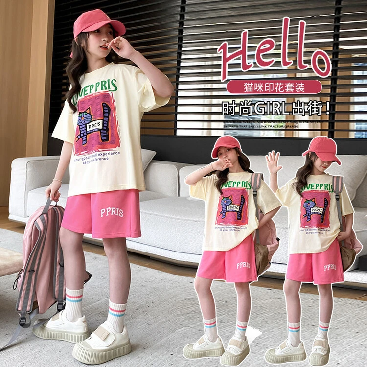 女童套装夏装短袖两件套2024中大童夏季多巴胺套装女孩8-14岁休闲
