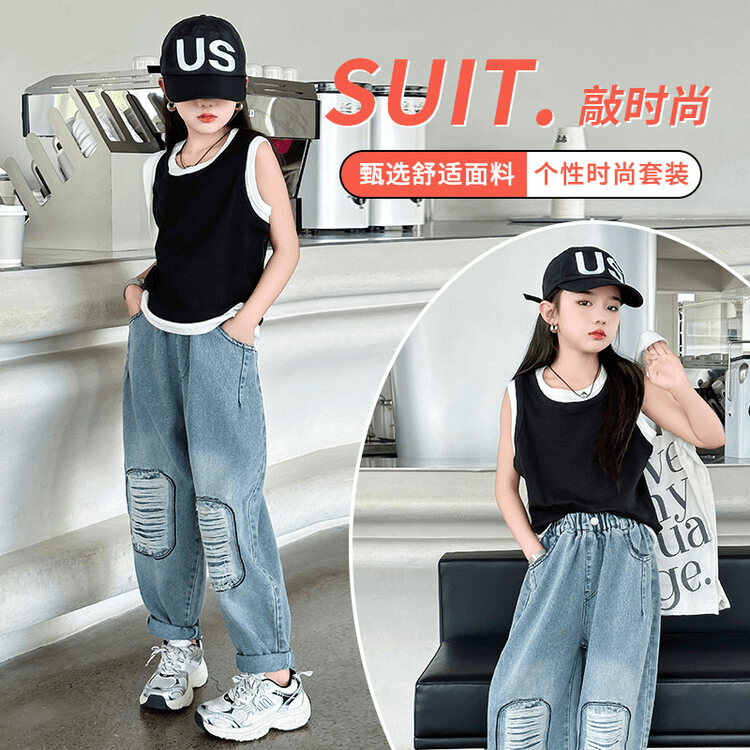 女童牛仔裤2024春夏新款中大童破洞洋气时尚个性直筒阔腿裤长裤潮