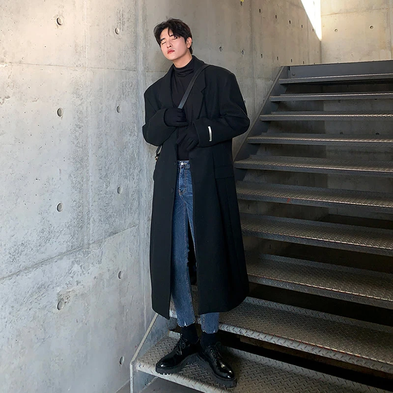 冬季加厚风衣外套男休闲韩版呢子宽松毛呢大衣男款长款过膝秋冬款