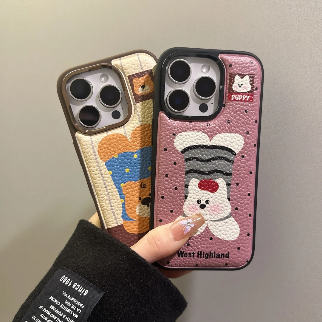 皮质可爱卡通小狗高级感适用iPhone16promax手机壳苹果15防摔14