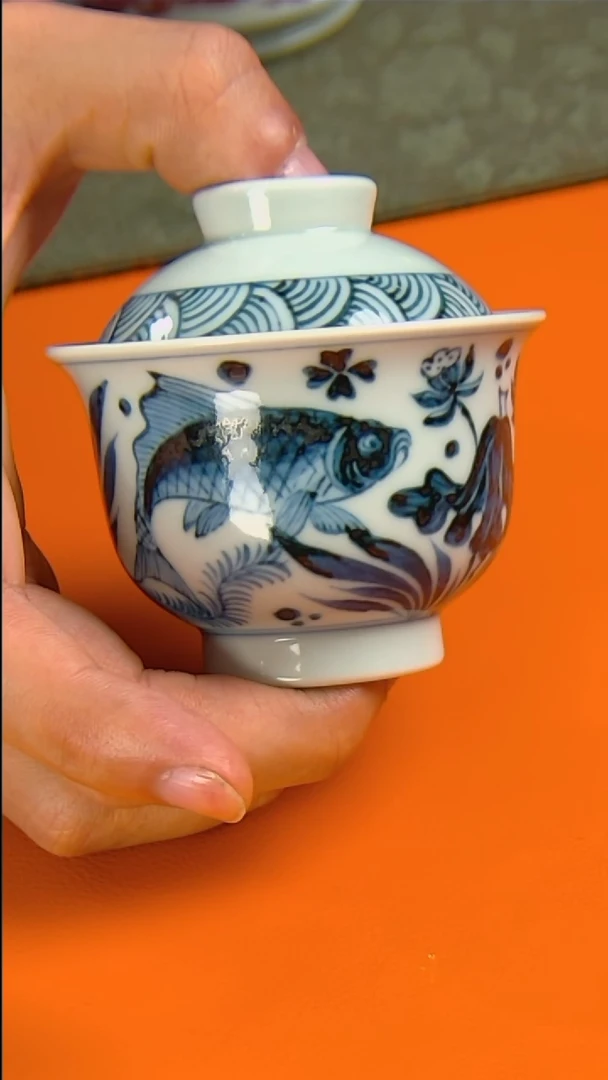 【闪购商品】陶瓷【凌兮君窑】青花鱼藻纹两才盖碗