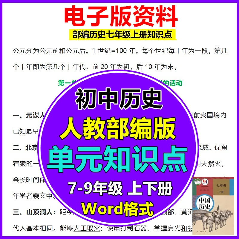 人教部编版初中历史单元知识点总结七八九年级上册复习电子版