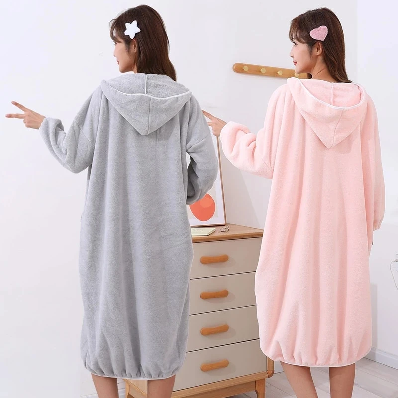 秋冬季可穿式浴巾家用女款浴裙睡袍柔软吸水女士浴衣成人洗澡浴袍