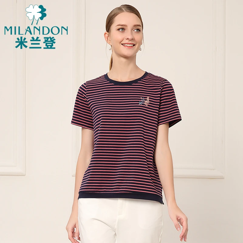 MILANDON/米兰登夏季新款休闲百搭上衣条纹圆领短袖T恤女3O2T1004
