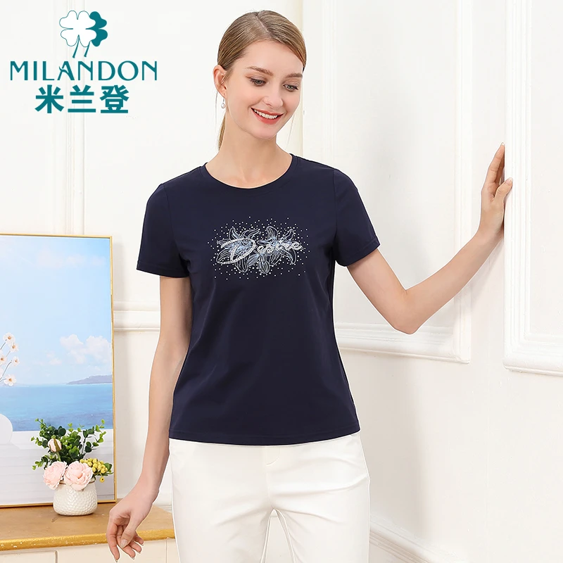 MILANDON/米兰登短袖休闲女T恤夏季新款圆领薄烫珠片上衣WO2T1103