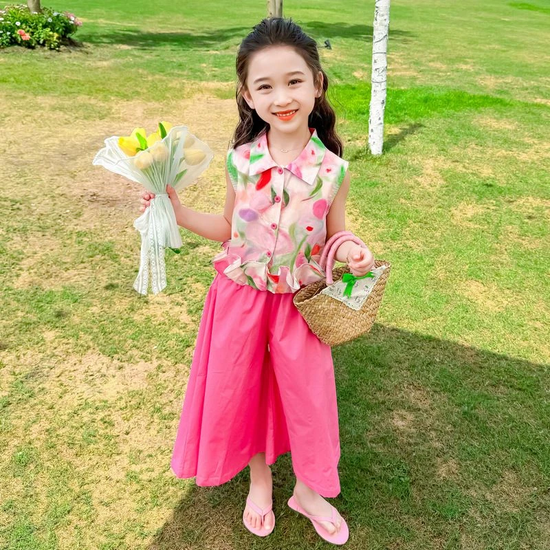 女童夏季套装2024新款儿童装夏装宝宝女孩衣服洋气时髦无袖阔腿裤