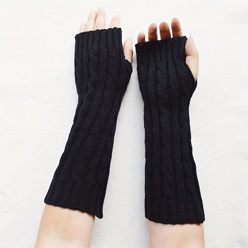 加厚保暖长款针织毛线麻花半指手套袖套手臂套露指手腕套男女秋冬