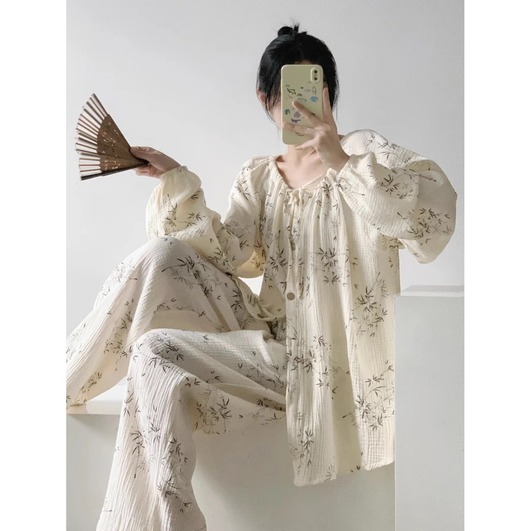 新中式高级长袖双层棉纱睡衣女春秋款大码开衫长裤家居服纯棉套装