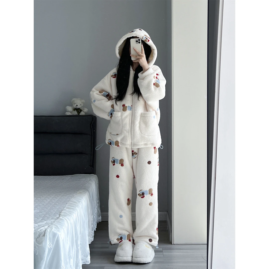 【软糯腊肠狗】可爱珊瑚绒睡衣女款冬季爆款加绒舒适家居服套装女