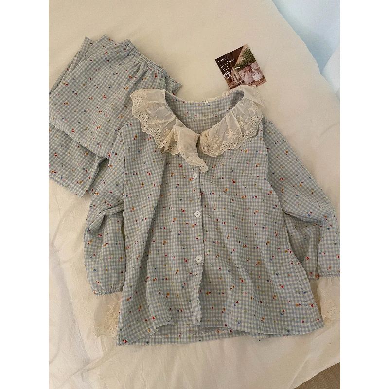 韩版蕾丝长袖睡衣女款秋季2025年新款甜美碎花家居服长裤大码套装