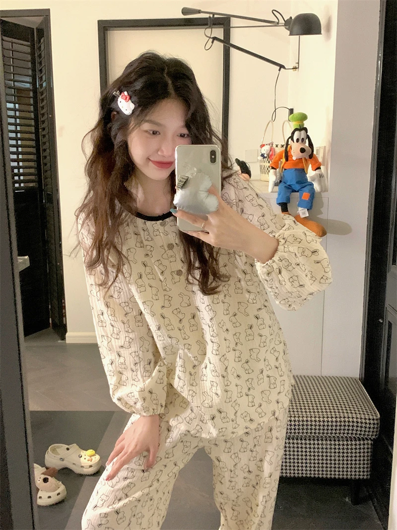 韩系可爱小兔印花长袖棉纱睡衣女春秋款婴儿纱家居服大码套装外穿