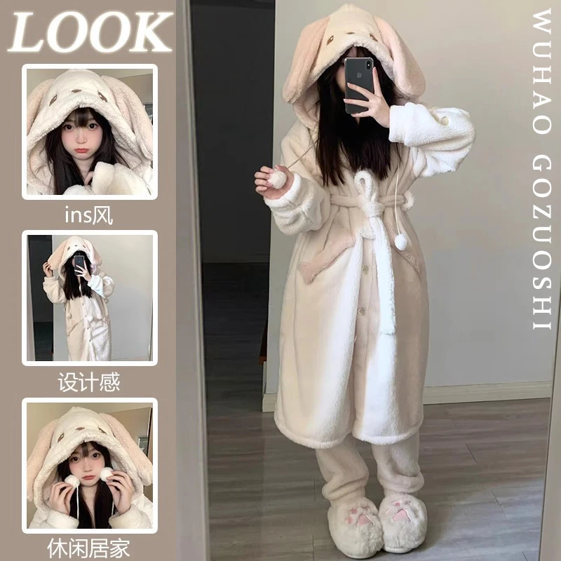 韩版卡通连帽珊瑚绒睡衣女冬季加厚加绒2024新款保暖长裤居家套装
