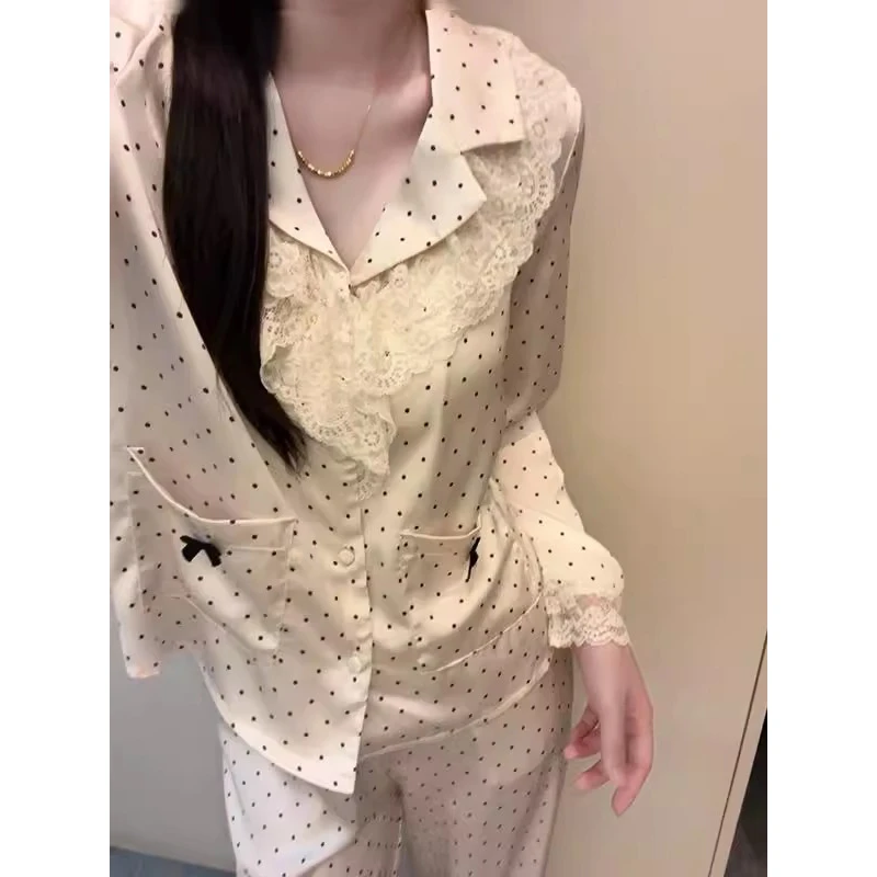 法式甜美波点冰丝睡衣女春秋款2024年新款长袖长裤家居服大码套装