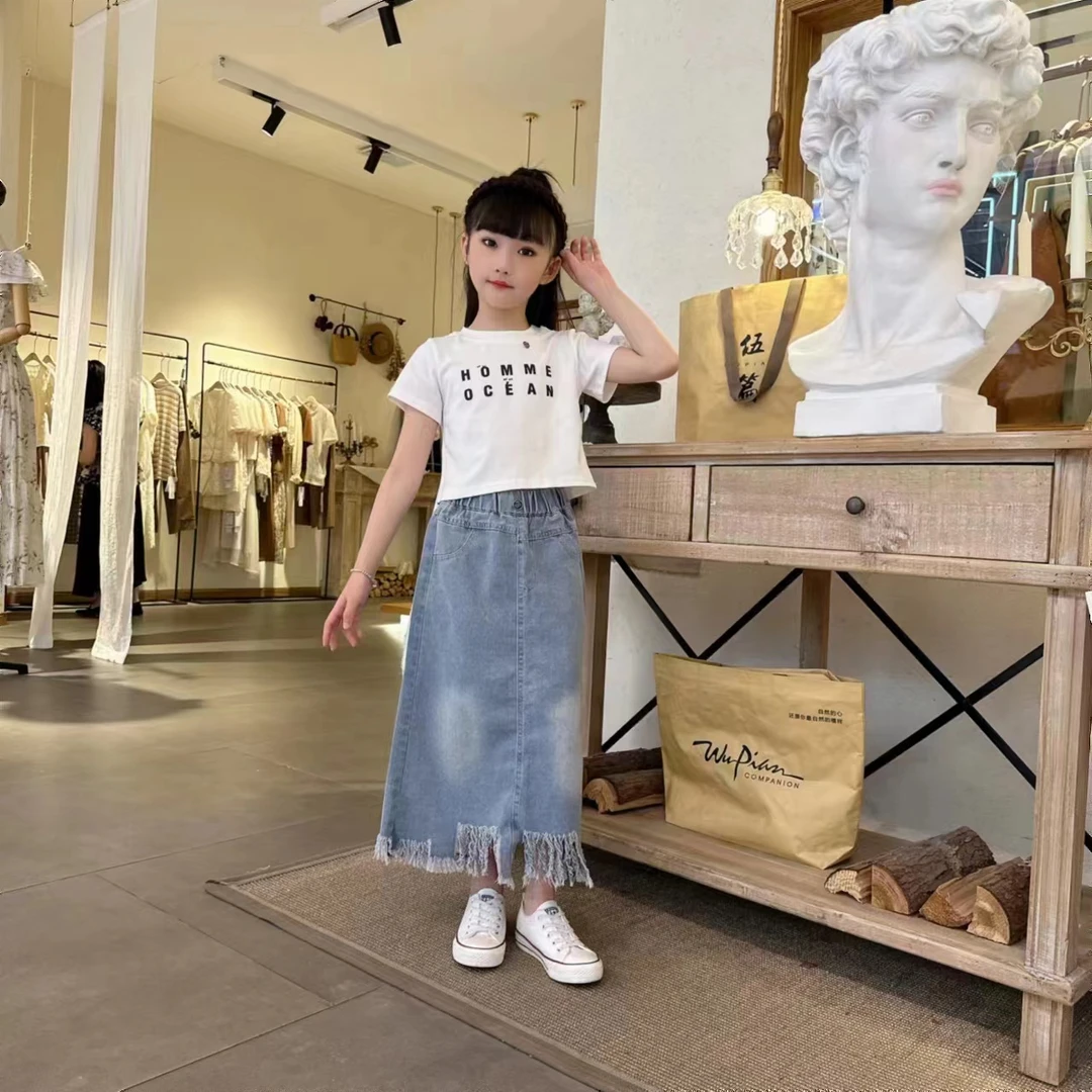 2024潮流韩版女童牛仔半身裙毛边洋气夏装中大童短裙夏季薄款裙子