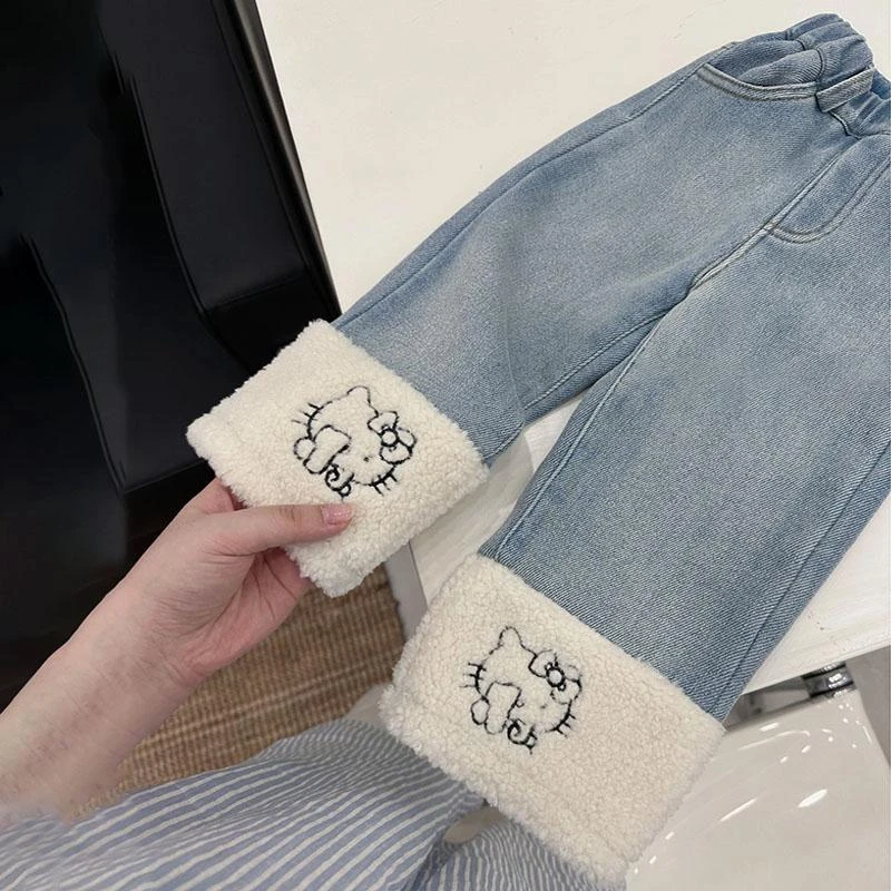 女童加绒牛仔裤2024秋冬中大童可爱猫卡通拼接直筒裤百搭加厚洋气