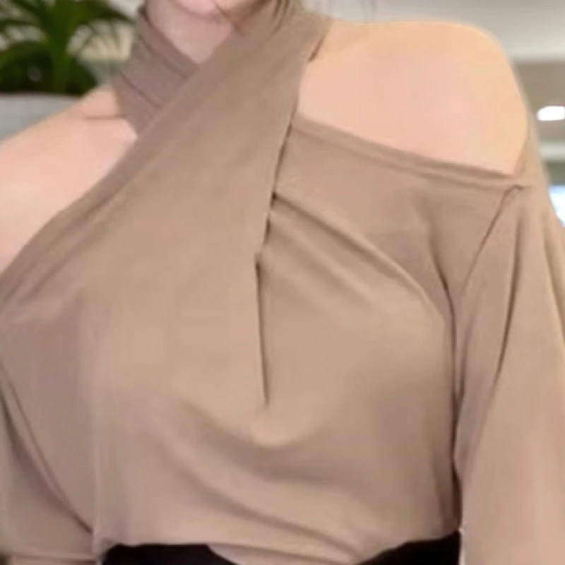 美式纯欲辣妹设计感交叉挂脖露肩长袖T恤女洋气百搭上衣