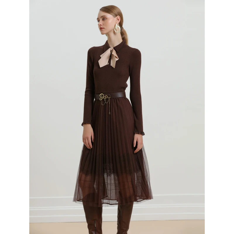 莱芙艾迪儿 显瘦气质长袖针织复古优雅时尚百搭连衣裙1D4M40108