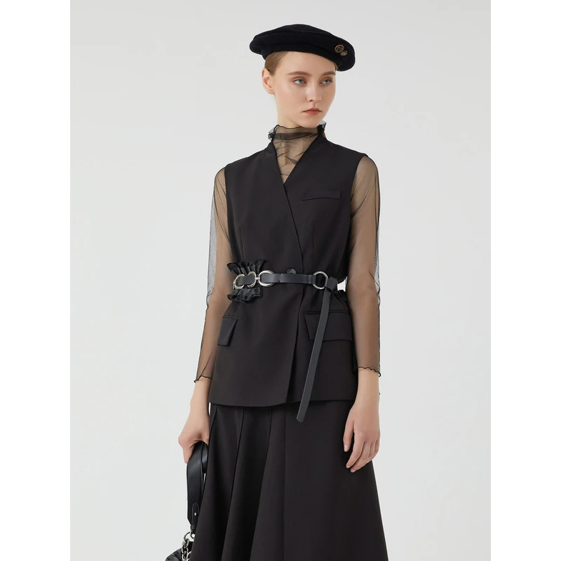 莱芙·艾迪儿时尚黑色复古通勤不规则收腰拼接马夹无袖1D3J13178