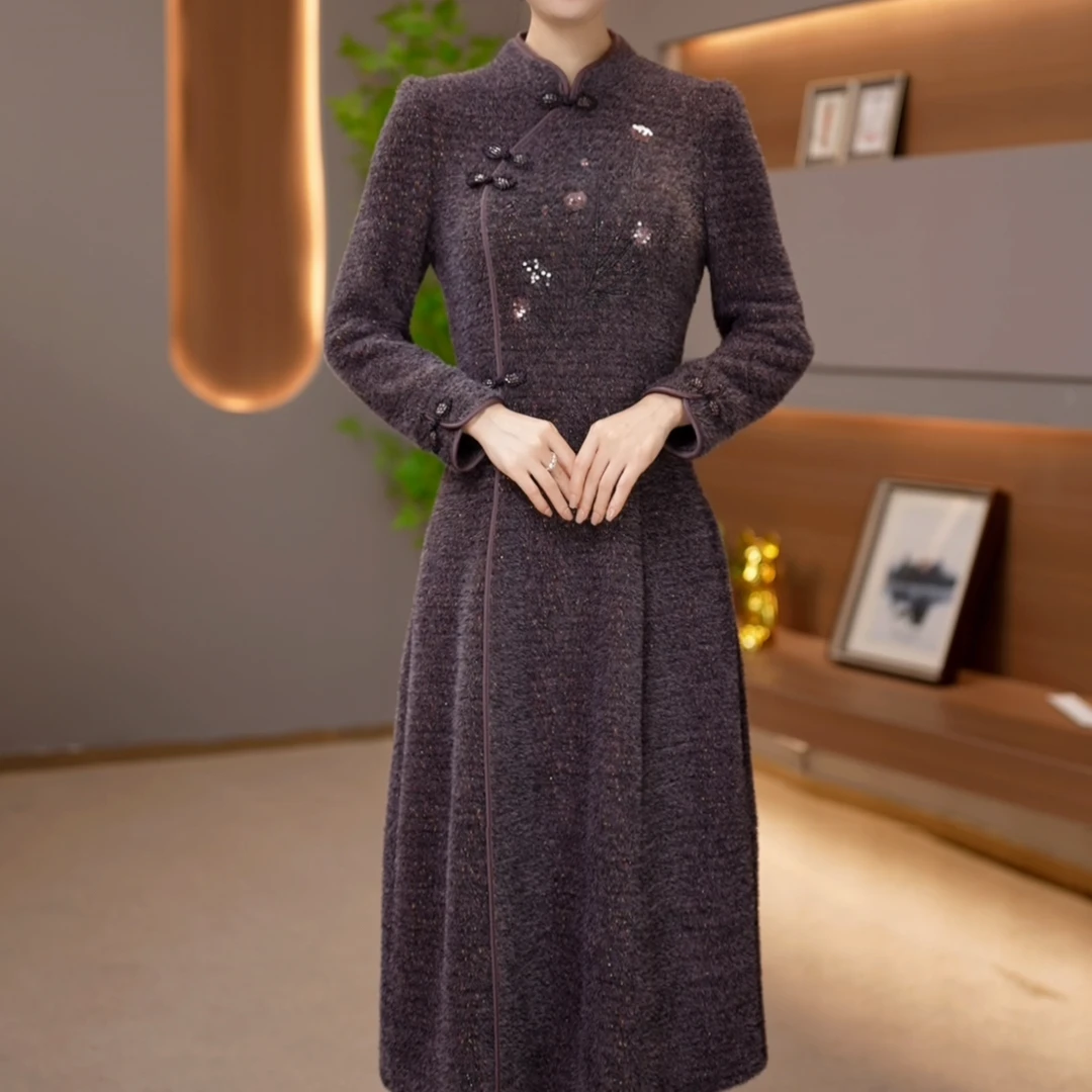 【紫睿女装】24175冬季中式国风改良旗袍连衣裙遮肚子收腰显气质