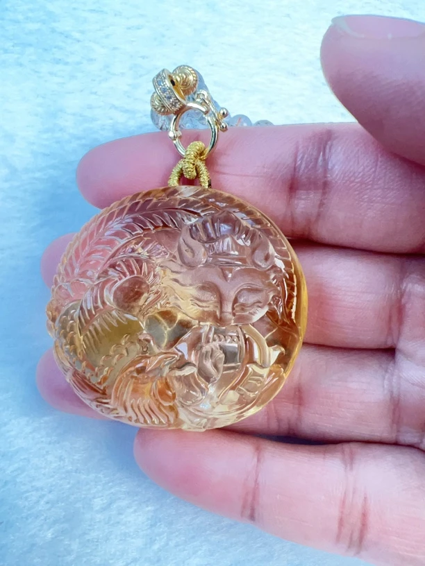 纯天然巴西水晶手工雕刻九尾狐吊坠凤狐