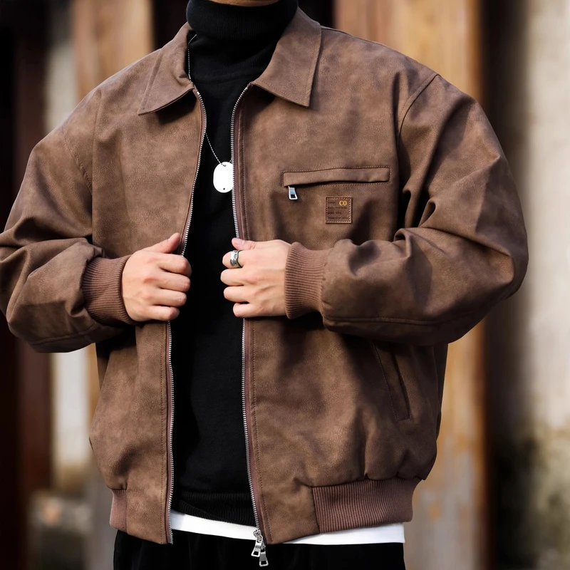 美式复古PU皮夹克男士秋冬季宽松大码工装美拉德猎装皮衣外套男装