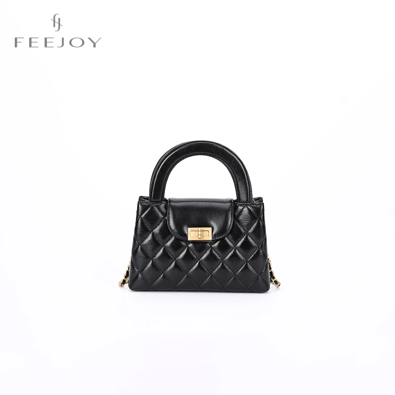 FEYJOY时尚百搭菱格女士黑色真皮斜挎手拎包