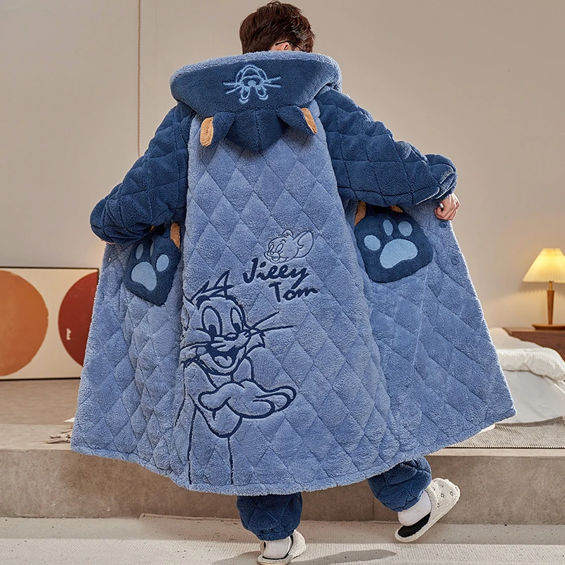 大码240斤胖子睡衣男珊瑚绒三层夹棉冬季加厚青少年卡通睡袍套装