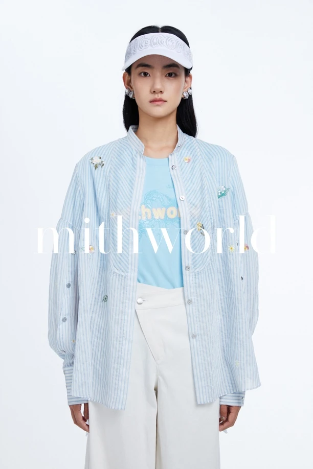 mithworld夏日花卉条纹立领衬衫
