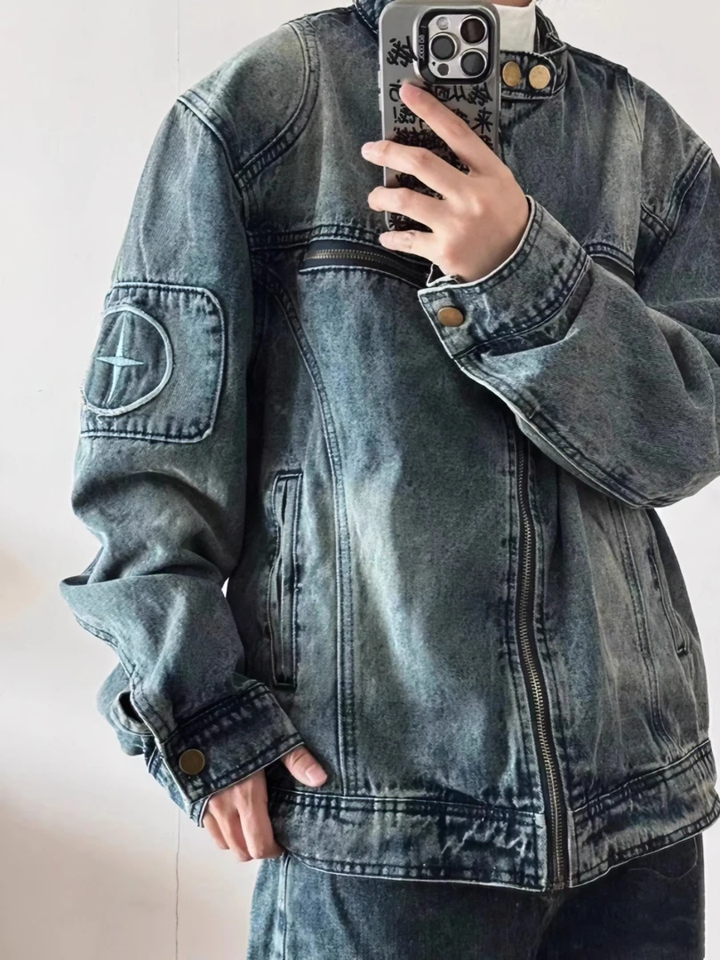 美式复古刺绣水洗牛仔外套男女BF风宽松蓝色立领拉链工装机车夹克