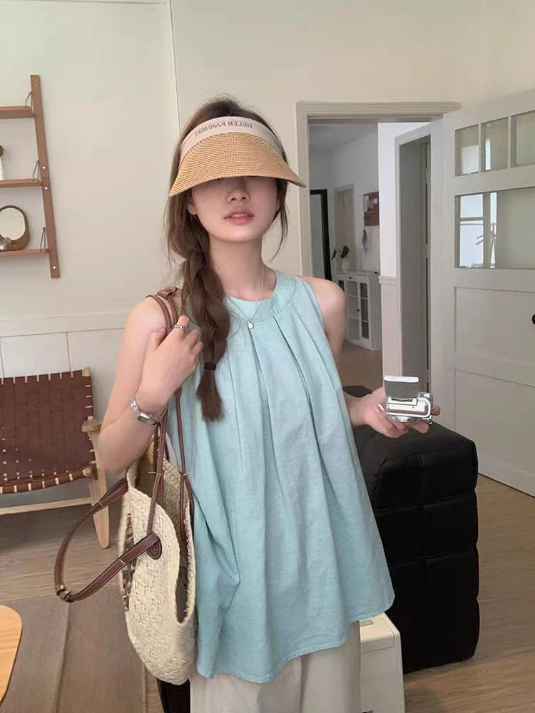 2025新款纯棉挂脖露肩无袖衬衫背心女小众纯色设计感宽松时尚
