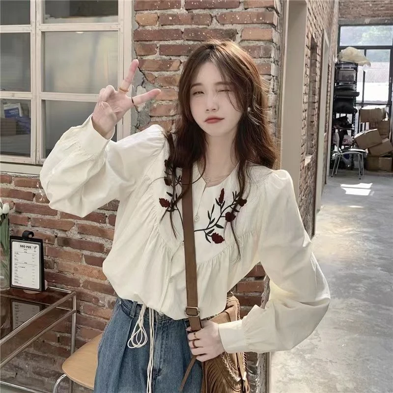 棉质衬衣女2024春季甜美刺绣衬衣设计感小众宽松v领长袖衬衫上衣
