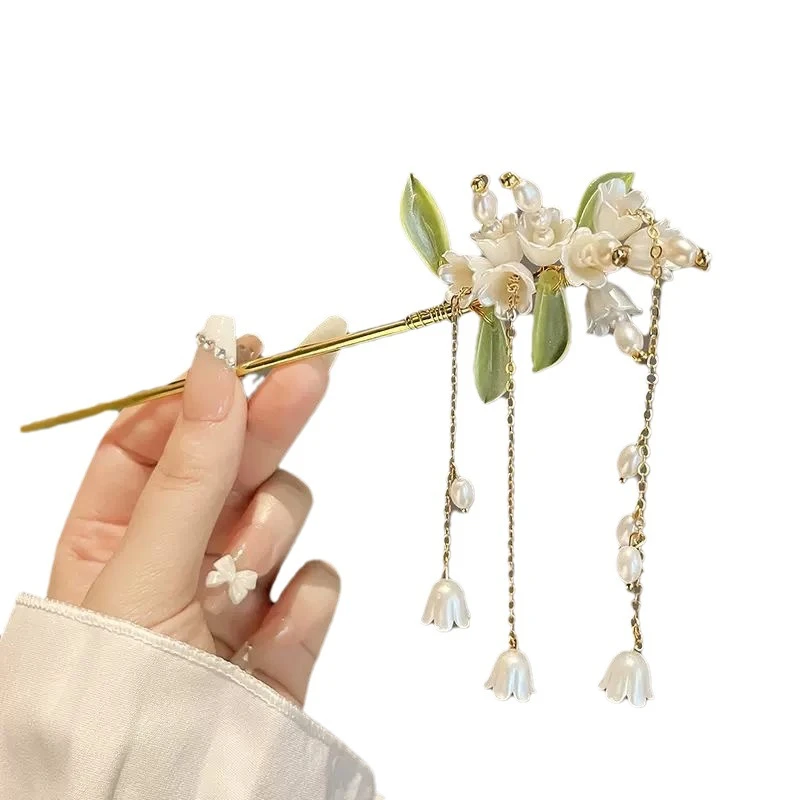 玉兰花发簪女设计感步摇流苏盘发簪子古风汉服发饰2023年高档抓夹
