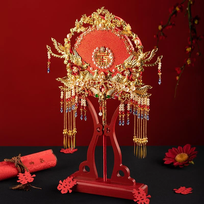 中式原创秀禾服新娘结婚礼出嫁手工喜扇diy材料包饰古风成品扇子