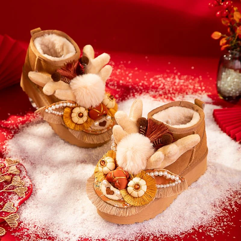 非遗手工定制虎头鞋厚底雪地靴女款2024新款冬季复古加绒防滑棉鞋